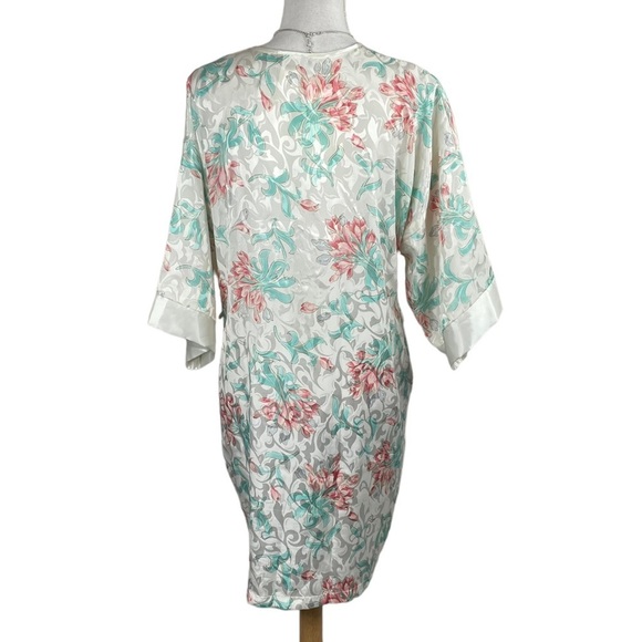 Vintage 80s Ivory Based Pastel Pink Teal Silver Floral Print Satin Wrap Robe - Picture 4 of 10